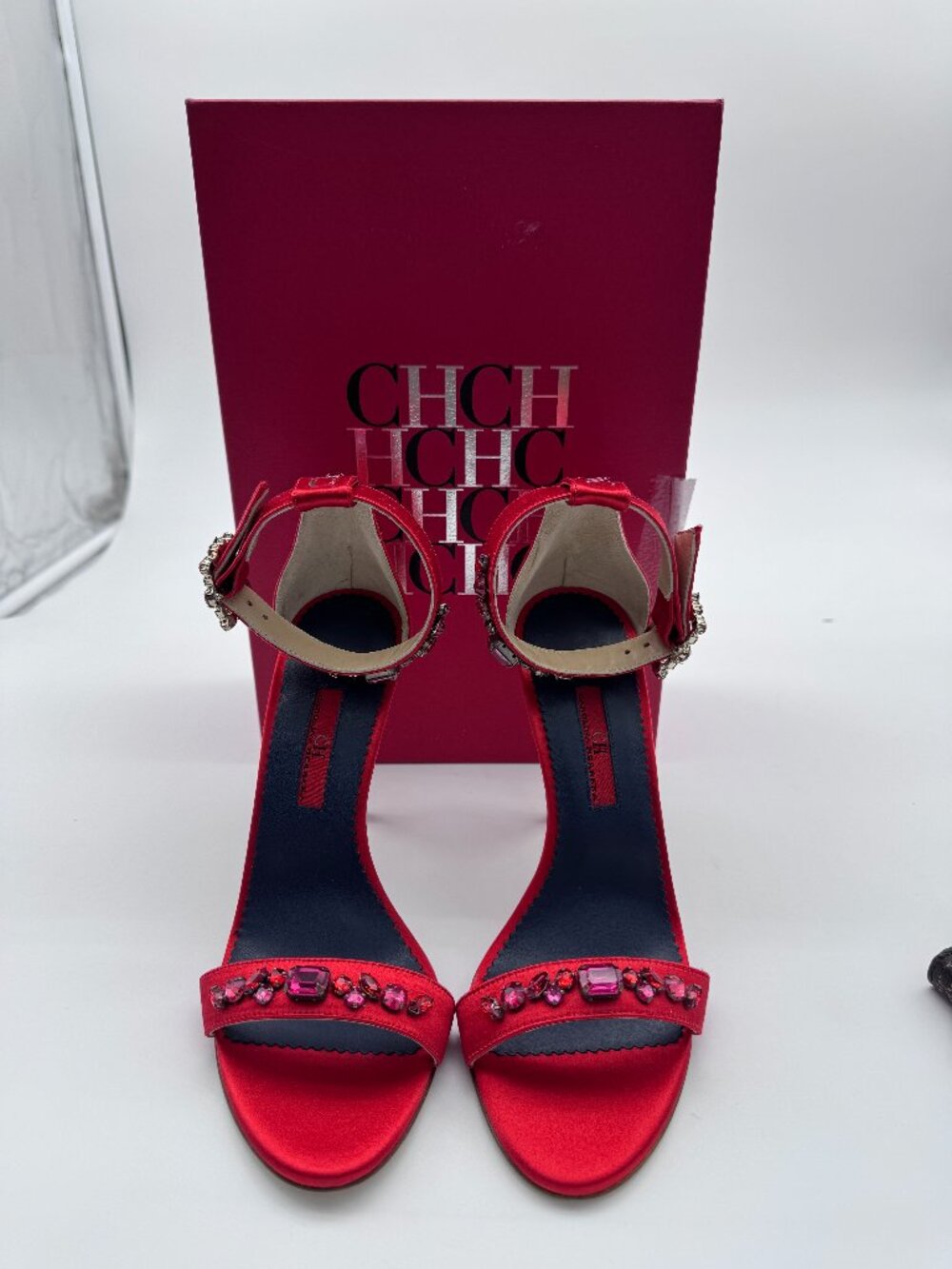 CH Carolina Herrera Red Satin Crystal Embellished Heels Size 36 Box